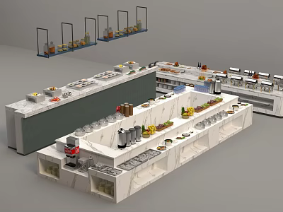 Tableware Set Display On Buffet Counters With Assorted Foods And Marble Tops 3d model