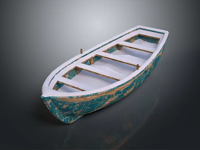 Worn Small Boat With Blue And White Wooden Texture And Interior Beams On Dark Background 3d model