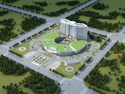 Modern Hospital Building With Circular Green Roof Surrounded by Trees and Parking Area 3d model