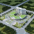 Modern Hospital Building With Circular Green Roof Surrounded by Trees and Parking Area