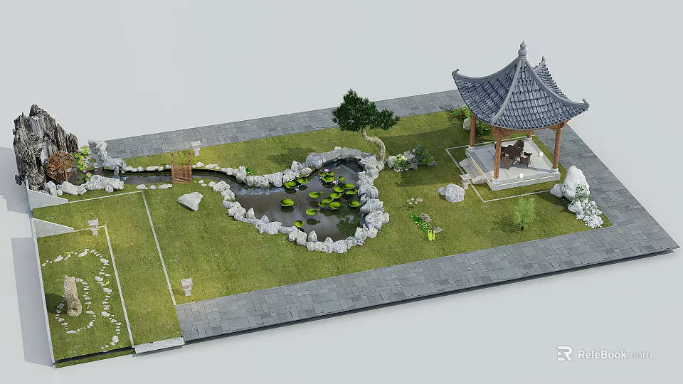 Chinese Garden Landscape With Pond Lotus Leaves Traditional Pavilion And Stone Pathway 3d model 