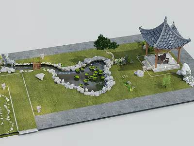 Chinese Garden Landscape With Pond Lotus Leaves Traditional Pavilion And Stone Pathway 3d model