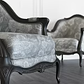 Antique Ornate Armchair With Floral Pattern Gray Fabric And Dark Wooden Frame