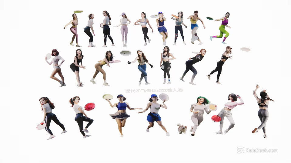Active Group Of People Playing Frisbee With Dynamic Poses And Sportswear Outfits 3d model 
