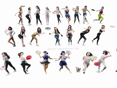 Active Group Of People Playing Frisbee With Dynamic Poses And Sportswear Outfits 3d model