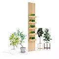 Various Bonsai Potted Plants With Wooden Shelf And Different Pot Designs For Indoor Decoration
