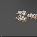 White Tableware Set Arranged On Wooden Trays For Stylish Dining 3d model