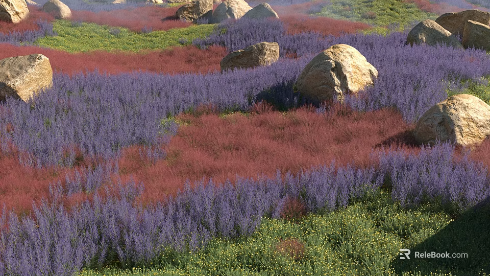 Vibrant Purple And Red Shrubs In Natural Grassland With Large Rocks 3d model 