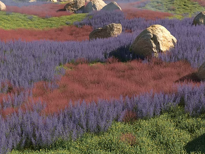Vibrant Purple And Red Shrubs In Natural Grassland With Large Rocks 3d model