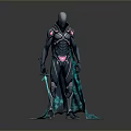Futuristic Armored Warrior In Black Armor With Blue Cloak And Glowing Sword