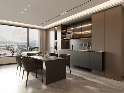 Modern Restaurant Interior Design With Dining Table Chairs Cabinets Large Windows And Scenic View 3d model