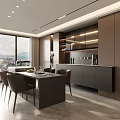 Modern Restaurant Interior Design With Dining Table Chairs Cabinets Large Windows And Scenic View