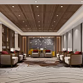 Modern Hotel Public Lounge Area With Wooden Ceiling TV Screen Sofas And Patterned Carpet 3d model