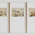 Set of Three Framed Botanical Paintings With Birds And Flowers On Light Background