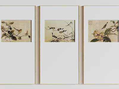Set of Three Framed Botanical Paintings With Birds And Flowers On Light Background 3d model