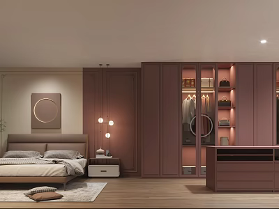 Elegant Modern Bedroom Interior With King Bed Built in Wardrobe Dresser And Lighting 3d model