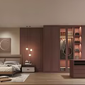 Elegant Modern Bedroom Interior With King Bed Built in Wardrobe Dresser And Lighting
