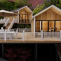 Wooden Guesthouse Buildings With Balconies Amid Cherry Blossom Trees And Green Lawn