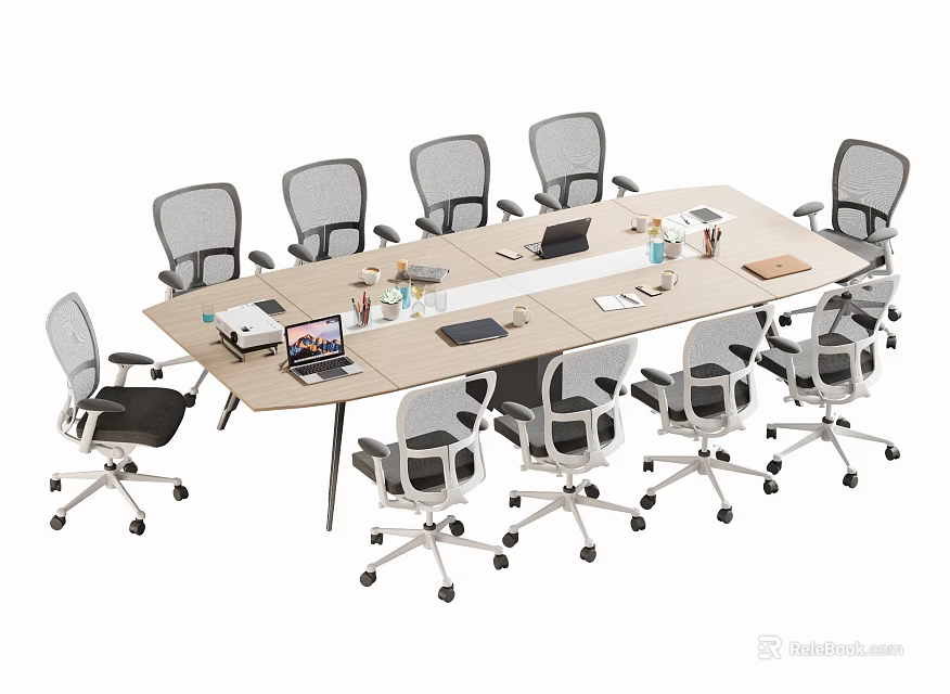 Modern Rectangular Conference Table With Ergonomic Office Chairs Laptops Documents Pens And Cups 3d model