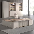 Elegant Modern Office Desk Interior With Wooden Top And Comfortable Beige Chair
