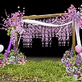 Floral Art Display With Wooden Arch Pink Purple Flowers White Drapes And Balloons
