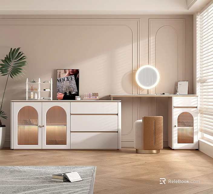 Modern White Dressing Table With Round Lighted Mirror And Glass Front Cabinets 3d model