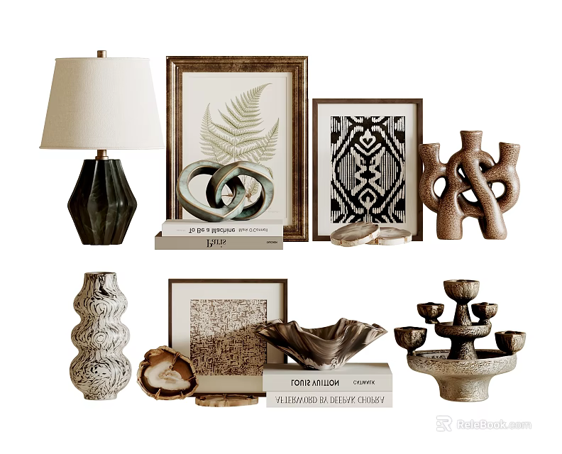 Stylish Decorative Ornament Set With Table Lamp Framed Art Sculptures Vase And Candle Holder 3d model 