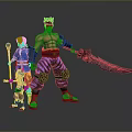 Tall Red Skinned Character With Giant Sword And Blue Robed Figure With Small Yellow Creature