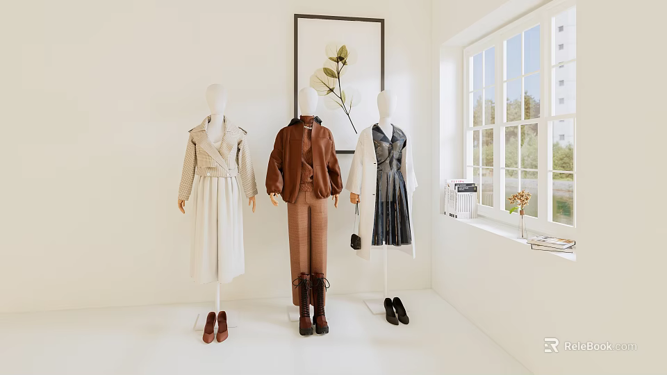Three Mannequins Displaying Stylish Outfits With Accessories Near Window And Decorative Painting 3d model 