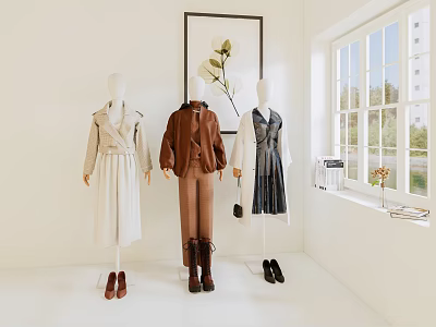 Three Mannequins Displaying Stylish Outfits With Accessories Near Window And Decorative Painting 3d model