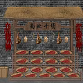 Traditional Dried Goods Stall With Thatched Roof Brick Wall Hanging Items And Bamboo Baskets