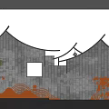 Gray Brick Background Wall with Traditional Curved Roof Golden Decorations Yellow Waves and Green Plant