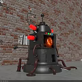 Steampunk Art Installation With Black Body Red Lights Glowing Core And Brick Wall Background