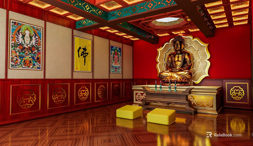 Traditional Buddhist Shrine Cabinet with Golden Buddha Statue Red Background and Wooden Flooring 3d model 