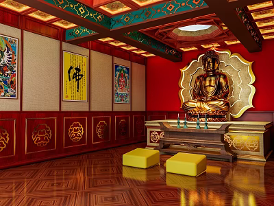 Traditional Buddhist Shrine Cabinet with Golden Buddha Statue Red Background and Wooden Flooring 3d model