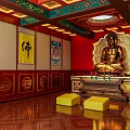 Traditional Buddhist Shrine Cabinet with Golden Buddha Statue Red Background and Wooden Flooring