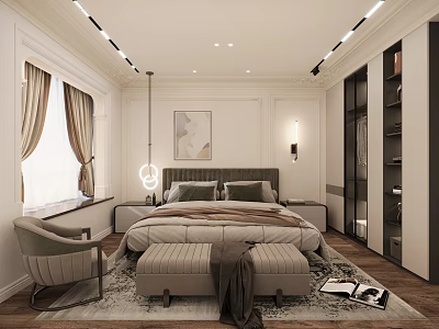 Elegant Bedroom Interior With Headboard Bedside Tables Curtains Artwork And Ottoman Rug 3d model