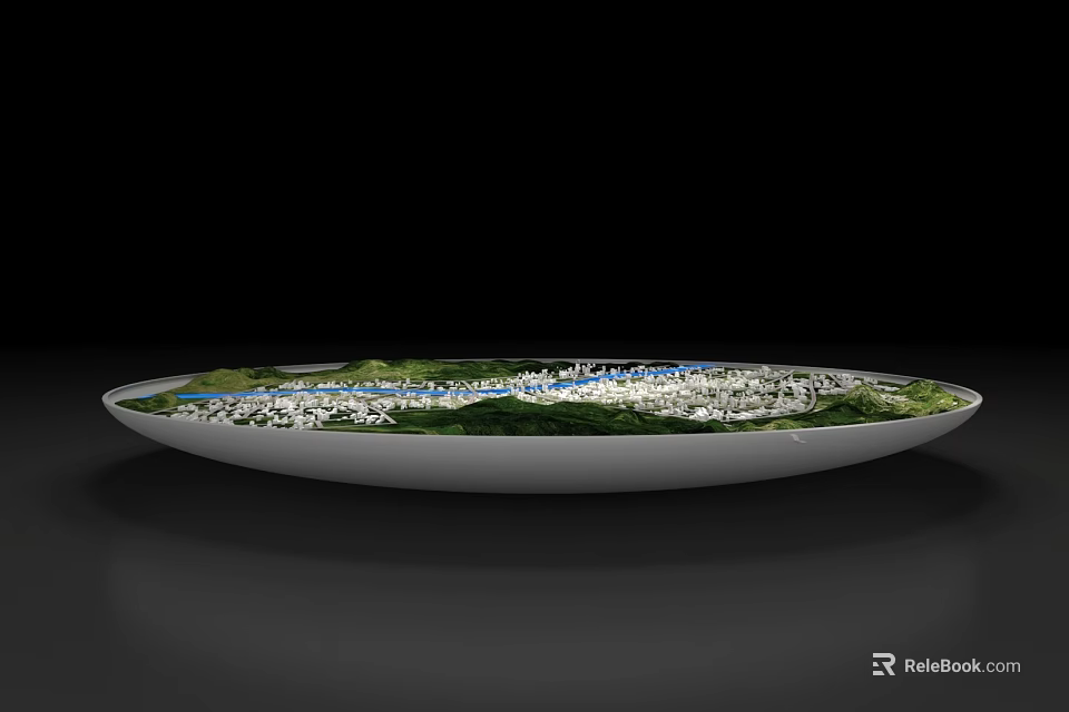 Round Showcase Shelves Displaying Urban Model Featuring Green Spaces And Water Elements 3d model 
