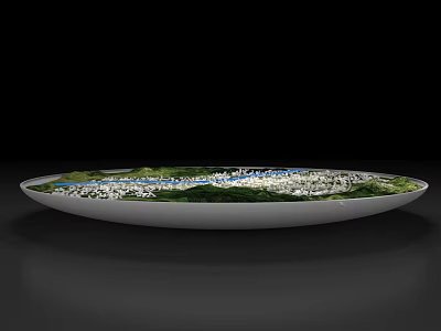 Round Showcase Shelves Displaying Urban Model Featuring Green Spaces And Water Elements 3d model