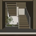 Modern Wooden Staircase Design With Light Colored Walls Green Plant And Small Rock Garden