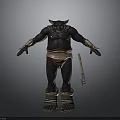 Horned Minotaur 3D Model With Black Skin Brown Loincloth Armored Boots And Spear