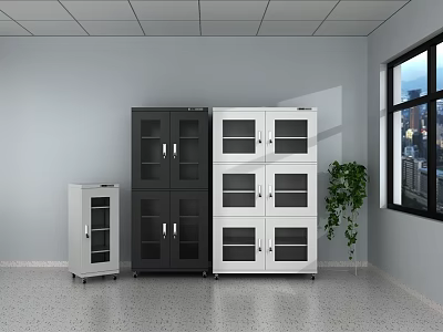 White Black Gray Glass Door Cabinets in Modern Indoor Space With Window And Plant 3d model