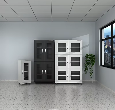 White Black Gray Glass Door Cabinets in Modern Indoor Space With Window And Plant 3d model