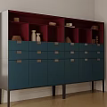Modern Entryway Console Cabinet With Red Dark Open Compartments Blue Drawers And Metal Handles