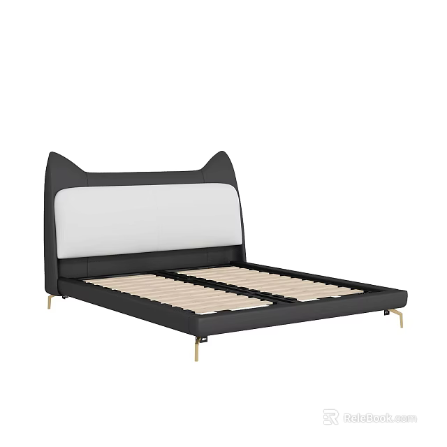 Modern Double Bed With Cat Ear Shaped Headboard Black White Design And Golden Legs 3d model 