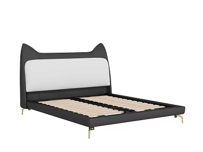 Modern Double Bed With Cat Ear Shaped Headboard Black White Design And Golden Legs 3d model