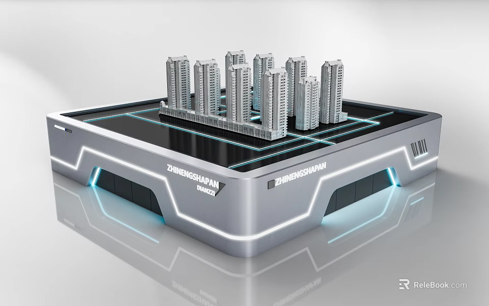 Sales Office with high-rise models on display platform and blue lighting by ZhengSheng Real Estate 3d model 