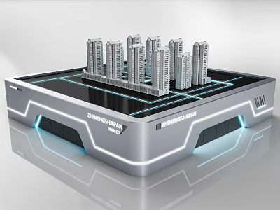 Sales Office with high-rise models on display platform and blue lighting by ZhengSheng Real Estate 3d model