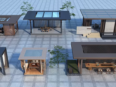 Outdoor Pavilions With Various Roof Designs Square Gray Tiles And Surrounding Trees 3d model