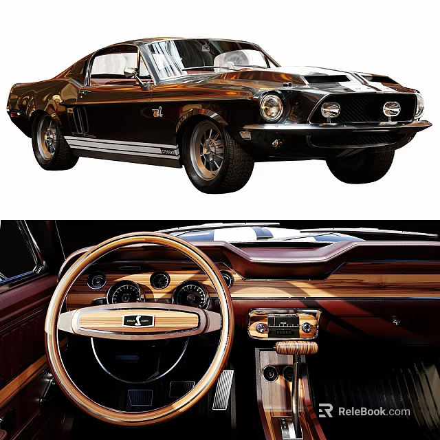 Classic Vintage Car With White Stripes Front Grille And Wooden Steering Wheel Dashboard 3d model 